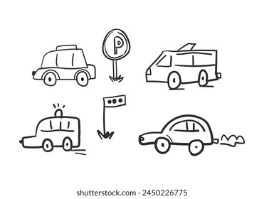 Kollektion von niedlichen und einzigartigen handgezeichneten Autos isoliert auf weißem Hintergrund. Ikonen in handgezeichnetem Stil für Kinderdesign, Kleidung, Textilien. Vektorillustration