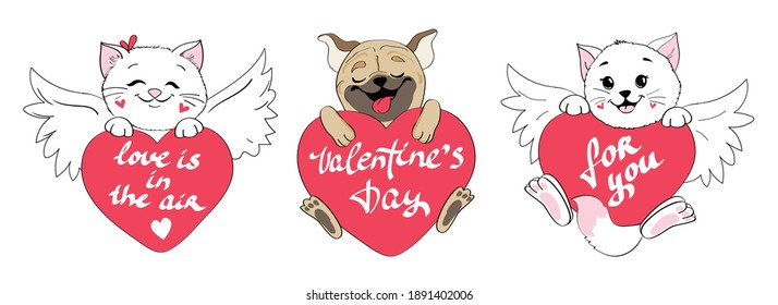 Collection of cute valentine cats and pug dog holding a heart. Calligraphy lettering for you, love is in the air and Valentine's Day. Cartoon animals isolated