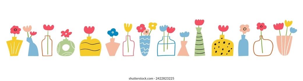 Collection of cute vases. Hand drawn isolated icons. Flat design. Vector illustrations on white background. 