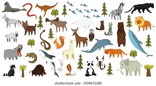 Collection of cute vector animals. Hand drawn animals which are common in America, Europe, Asia, Africa. Icon set isolated on a white background