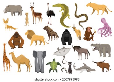 Collection of cute vector animals. Hand drawn animals which are common in Africa. Icon set isolated on a white background