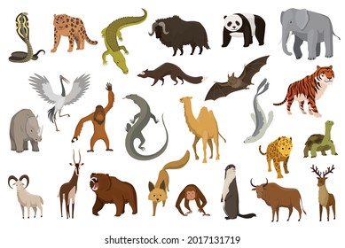 Collection of cute vector animals. Hand drawn animals which are common in Asia. Icon set isolated on a white background