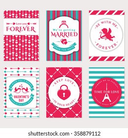 Collection of cute vector banners. Romantic flyers, Valentine's Day greeting card, wedding invitation. Love and romantic themes. Templates in white, pink and blue colors.