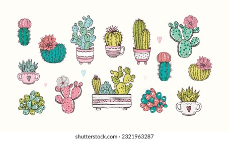 Collection of cute vector cacti in childish style. Desert plants. Cactus in pots and flowers. Cactuses for creating cards, decor, textile, invitation, posters, packaging