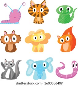 A Collection of Cute Vector Cartoon Animals Squirrel Worm Cat Elephant Lion Tiger Crocodile Slug Illustrations