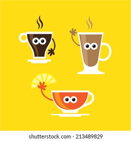 Collection of cute vector cartoon cups. Kawaii food characters.