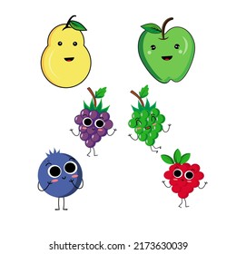 Collection Of Cute Vector Cartoon Fruits. Cartoon Fruit Characters Set: Grapes, Raspberry, Apple, Pear And Grapes Full Color. Cute Kawaii Food Characters. Emoji Fruit.