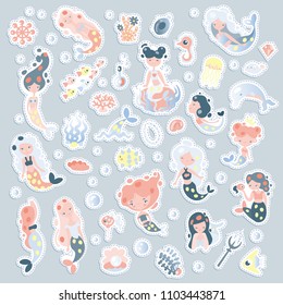 Collection of cute vector cartoon mermaids with elements of sealife and underwater plants and animals. Seashells, fairy princess mermaid in one set