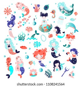 Collection of cute vector cartoon mermaids with elements of sealife and underwater plants and animals. Seashells, fairy princess mermaid in one set