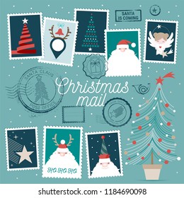 Collection of cute vector Christmas rubber stamps, postage stamps and decorations