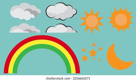 collection of cute vector clouds, rainbow, stars, moon and sun suitable for graphic design of children's world or books and posters about children