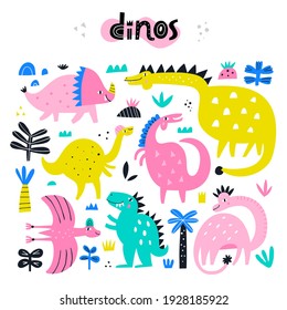 Collection of cute vector dinosaurs. Hand drawn dino illustration - clipart set of cartoon animals. Characters for nursery, posters and kids room. T-rex, Brontosaurus, Triceratops,Allosaurus isolated