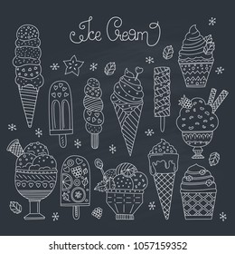 Collection of cute vector hand drawn cartoon ice cream. Cones and ice creams with different flavours made in doodle style. 