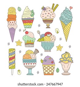 Collection of cute vector hand drawn cartoon ice cream. Cones and ice creams with different flavours made in doodle style. 