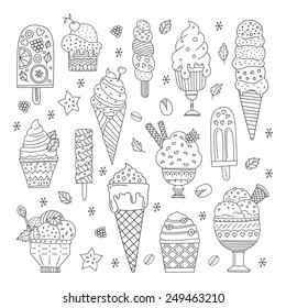 Collection of cute vector hand drawn cartoon ice cream. Cones and ice creams with different flavours made in doodle style. 