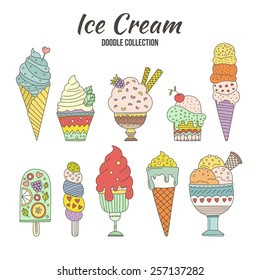 Collection of cute vector hand drawn cartoon ice cream. Cones and ice creams with different flavours made in doodle style. 