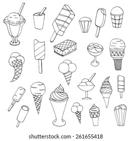 Collection of cute vector hand drawn cartoon ice cream. Cones and ice creams with different flavours made in doodle style.