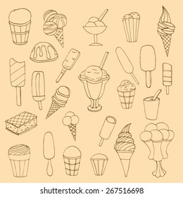 Collection of cute vector hand drawn cartoon ice cream. Cones and ice creams with different flavours made in doodle style.