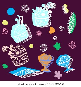 Collection of cute vector  ice cream. Cones and ice creams with different flavors made in doodle style. colorful illustration.