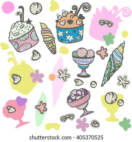 Collection of cute vector  ice cream. Cones and ice creams with different flavors made in doodle style. colorful illustration.