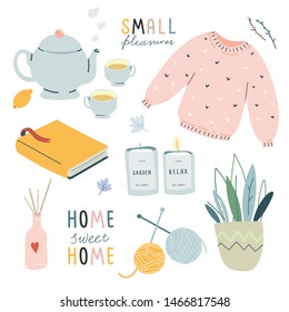 Collection of cute vector illustration hygge lifestyle elements. Autumn and winter comfort mood. Home decorations isolated on white background. Scandinavian style. Pastel color.