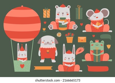 Colección de lindas ilustraciones vectoriales de animales felices: perro, ratón, sapo, oso, conejo con globos, regalos, sombrero de fiesta, flor, globo, correo. Niños con clip plano para invitación de cumpleaños, pancartas.