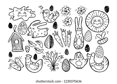 Collection of cute vector illustrations for nursery with animals drawn by hand. Wonderful black on white handdrawn Spring & Easter symbols for amazing greeting cards. 
