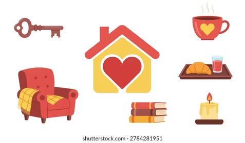 A collection of cute vector illustrations representing home comfort including a house with a heart, armchair, vintage key, hot beverage, breakfast tray, books, and candle.