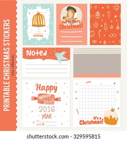 Collection of Cute Vector Journaling Cards, Notes, Stickers, Labels, Tags with Winter Christmas Illustrations and Wishes. Template for New 2016 Year Greeting Scrapbooking, Congratulations, Invitations