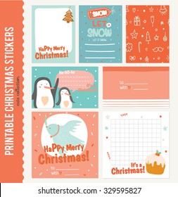 Collection of Cute Vector Journaling Cards, Notes, Stickers, Labels, Tags with Winter Christmas Illustrations and Wishes. Template for New 2016 Year Greeting Scrapbooking, Congratulations, Invitations
