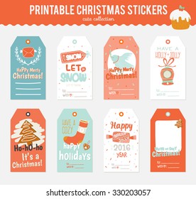 Collection of Cute Vector Journaling Cards, Notes, Stickers, Labels, Tags with Winter Christmas Illustrations and Wishes. Template for New 2016 Year Greeting Scrapbooking, Congratulations, Invitations