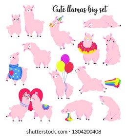 Collection of cute vector llamas. Set of stickers, patches. Doodle illustration. Template for cards, textiles, advertising, web design.