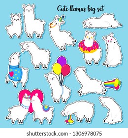 Collection of cute vector llamas. Set of stickers, patches. Doodle illustration. Template for cards, textiles, advertising, web design