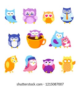 Collection of cute vector owls. Cartoon characters.