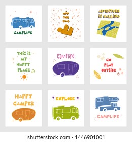 Collection of cute vector posters for camping with rv, hiking boots, map, flowers and phrases drawn by hand.