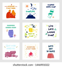 Collection of cute vector posters for camping with rv, tent, bonfire, leaves and phrases drawn by hand.