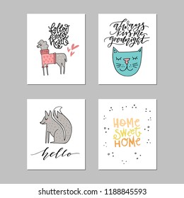 Collection of cute vector posters for nursery with animals and phrases drawn by hand. 