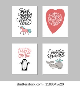 Collection of cute vector posters for nursery with animals and phrases drawn by hand. 