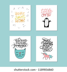 Collection of cute vector posters for nursery with animals and phrases drawn by hand. 
