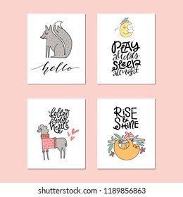 Collection of cute vector posters for nursery with animals and phrases drawn by hand. 