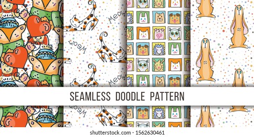 Collection of cute vector seamless patterns. Dots, fox, cats, animals, rabbits