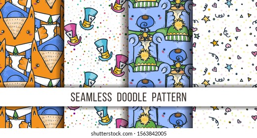 Collection of cute vector seamless patterns. Dots, hats, foxes, bears