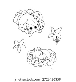 A collection of cute vector stickers featuring cats on grass with flowers in kawaii style on a white background. The cats are lying on the grass, sleeping and smiling sweetly. Adorable cats for printing.
