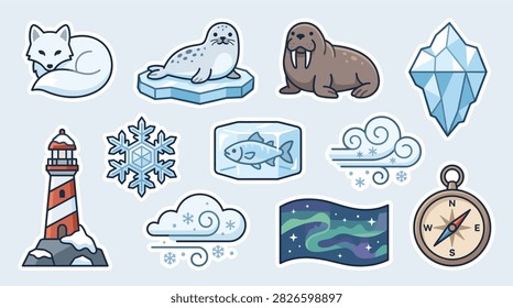 A collection of cute vector stickers featuring arctic animals, winter weather elements, and nautical symbols on a light blue background.