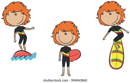 Collection of cute vector surfer girls isolated on white