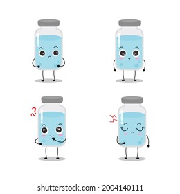 Collection of cute vector of vaccine bottle character. Vaccination fight coronavirus (2019-nCoV), Alcohol gel for against COVID-19, Protection from viruses attack, isolated on white background 