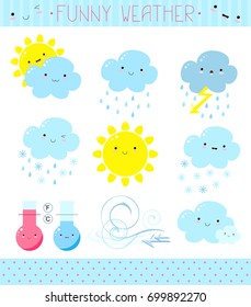 Collection of a cute vector weather icons in kawaii style. EPS8