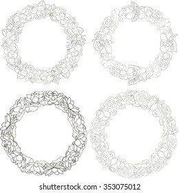 Collection of Cute vector wreath frames for wedding invitations.  Set of Wicker of flowers and plants