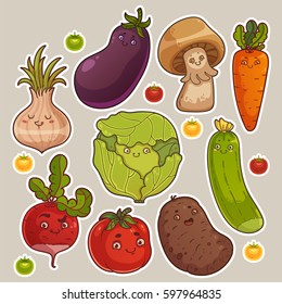 Collection of Cute Vegetable Stickers. Cute Cartoon Characters