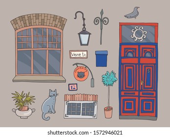 Collection of cute vintage elements of european town Tallinn. Hand-drawn vector illustration.